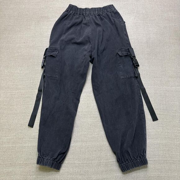 Black 2000's y2k grunge denim cargo pants elastic waist buckles and straps - Picture 3 of 4
